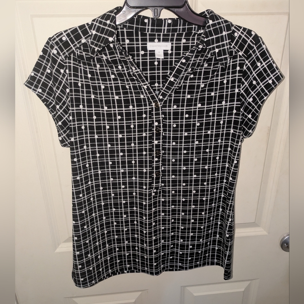 Charter Club Women's Black and White Checkered Top Business Casual